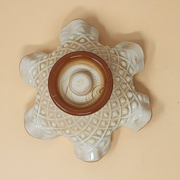 Vintage Ruffled Edge Ceramic Compote Dish Intricate Diamond PatternGlossy Finish - Picture 6 of 11